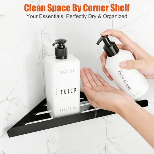 Fikoksol Shower Caddy, 4 Pack Bathroom Corner Shelf, Triangle Shelf Storage for Bathroom Shower, Black Metal Shower Shelf & Rustproof Wall Mounted Adheisve Glue Organizer Accessories and Essentials - color: Black, 4pc