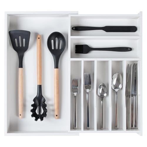 KitchenEdge Premium Silverware, Flatware and Utensil Organizer for Kitchen Drawers, Food-Safe Contract Grade, Expandable from 10.5 to 19 In, White Bamboo - color: White Bamboo, size: From 10.5" to 19" wide