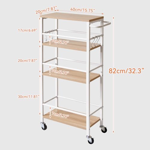 IBUYKE 7.8" Slim Rolling Cart,4 Tier Metal Kitchen Laundry Storage Cart,Industrial Narrow Utility cart,Trolley with Handle and Wooden Tabletop,for Kitchen, Living Room,Bathroom,Natural UTMJ065R - style: Natrue