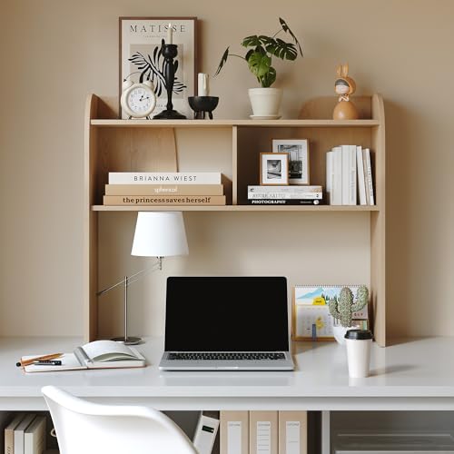 Wooden Desktop Bookshelf, 37" 3-Tier Rounded-Edge Desk Storage Organizer, Space-Saving Countertop Shelf for Office Dorm Home, Burlywood - color: Oak