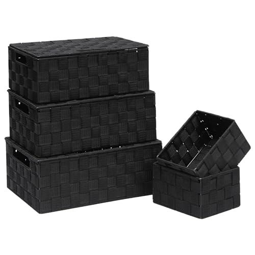 Storage Bins Woven Organizer with Lids Set of 5 – Polypropylene Storage Baskets with Metal Frame, Stackable Fabric Boxes for Drawers, Closet, Shelf, Nursery and Office, Black - color: Black, size: 5PCS-with lid