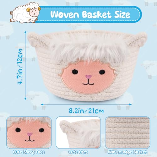 Small Storage Basket for Nursery, Sheep Woven Animal Gift Basket, Round Woven Rope Cotton Storage, Baby Blanket 0rganizer with Ears Handles, Blanket Towel Decor Storage Bins, 8.2"D x 4.7"H IN - color: White Red, size: 9"D × 5 "H