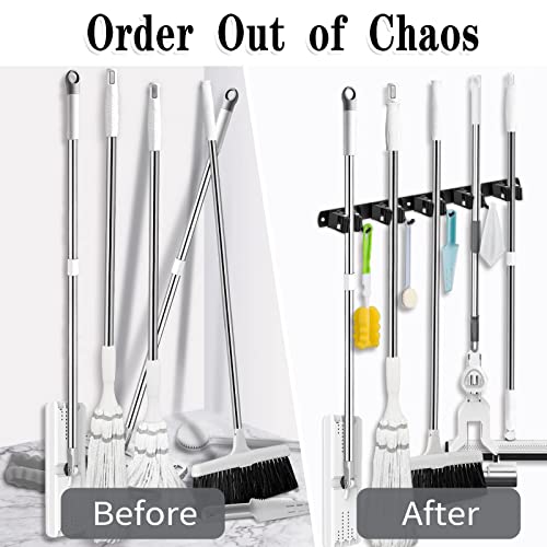 AceMining 2 Pack Black 5 Racks and 4 Hooks Mop and Broom Holder Wall Mount, Broom Organizer Storage Tool Racks Stainless Steel Heavy Duty Hooks Self Adhesive Solid Non-slip for Home Kitchen Garden - color: 5 Racks & 4 Hooks (Black) - 2 Pack
