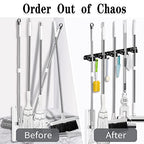 AceMining 2 Pack Black 5 Racks and 4 Hooks Mop and Broom Holder Wall Mount, Broom Organizer Storage Tool Racks Stainless Steel Heavy Duty Hooks Self Adhesive Solid Non-slip for Home Kitchen Garden - color: 5 Racks & 4 Hooks (Black) - 2 Pack