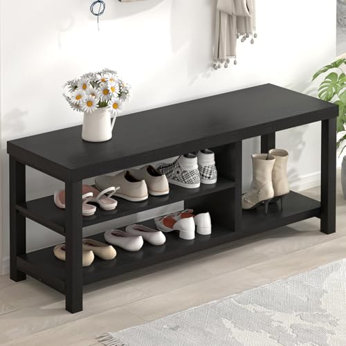 EXCEFUR Shoe Bench, Rustic Wooden Storage Bench for Entryway Hallway, Industrial Indoor Shoe Rack Bench Seat for Living Room Bedroom, 43.3 Inch Black - color: Black, size: 3-Tier