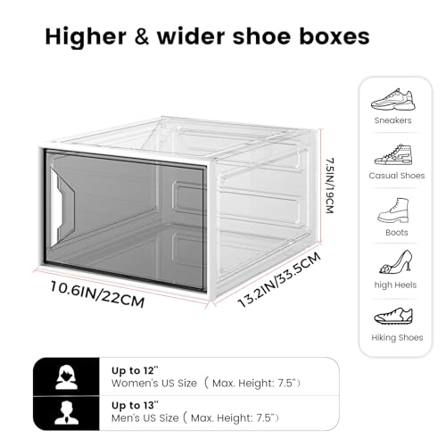 XL Large Stackable Shoe Boxes - Clear Plastic Shoe Storage Boxes with Magnetic Door, Thicken Shoe Organizer for Closet, Space Saving Foldable Shoe Containers Bins for Sneaker Boot - 6 Pack(White) - color: White