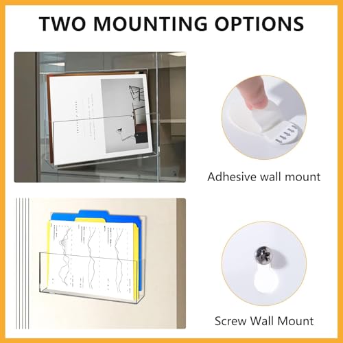 JUESHA 2 Pack Clear Acrylic File Holder Wall Mount Self Adhesive, Letter Size Hanging Paper Organizer, Wall Pocket File Holder Storage for Letter Folder Brochure Magazine Bookshelf Literature Display - color: Clear
