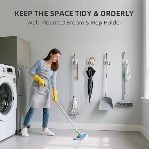 Broom Holder Wall Mount with Screws (4 Pack) Broom and Mop Organizer Wall Hanging, Anti-Slip Mop Holder Broom Hanger with Hooks, Stainless Steel Tool Rack for Garden Garage Organization - color: Black