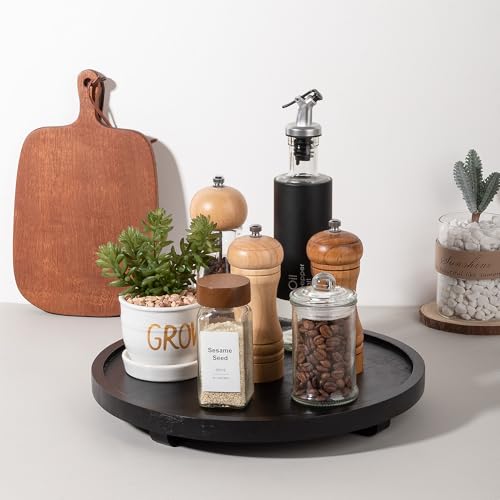 Round Decorative Tray Wood Bathroom Counter Organizer Farmhouse Kitchen Decor Wooden Riser for Soap Dish, Perfume, Candle, Sponge, 12" - Black - color: Black, size: 12"