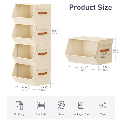 Stackable Closet Organizers and Storage Bins, Open Front Closet Shelf Organizer System With Steel Frame, Clothes Storage Basket Fabric, Collapsible Closet Drawers for Wardrobe, Nursery ,Toy, 4 Pack - color: Beige, size: 15.4 x 12.60 x 9.88. - 4 Pack