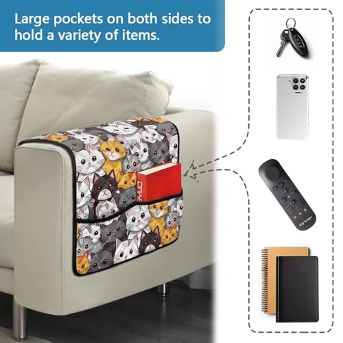 Cartoon Cat Print Armrest Cover for Sofa Diamond Pattern Couch Arm Protector with 2 Pockets Anti-Slip Armchair Slipcovers for Dogs Cats Pet Loveseat Arm Covers - color: Cartoon Cat