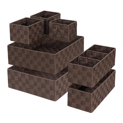 Drawer Organizer, Cube Baskets for Storage Shelves, Handmade Small Woven Basket, Shallow Storage Bins for Organizing Desk, Dresser, Kitchen, Pantry, Nested 7 Pack, Brown - color: Brown