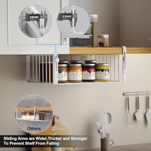 AmonHouseware 2Pack Under Shelf Basket Organizer,Adjustable Hanging Holder Storage for Cabinet Pantry Kitchen Cupboard Desk Counter Bookshelf Organization Add-on Space Saver Heavy Duty Slide-in,White - color: White