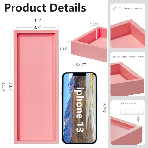 ZHWS Bathroom Vanity Tray for Perfume Decor Toilet Tank Candle Toiletries, Kitchen Tray for Soap Dispenser Spice Salt Coffee, Bamboo Nightstand Tray 11.3”x4.4” (Pink) - color: Pink, size: 11.3" x 4.4" x 1.1"