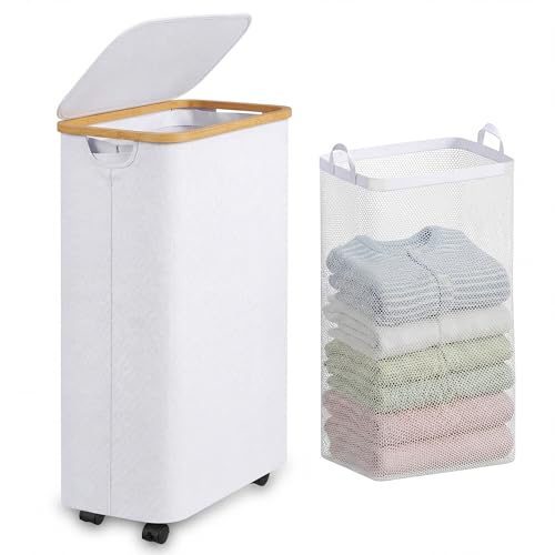 Laundry Basket with Wheels, 75L Clothes Hamper for Laundry, Laundry Hamper with Lid and Inner Bag, for Laundry Room, Bedroom, Dormitory Storage,White - color: White, size: 75L