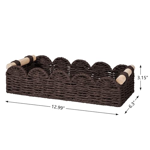 CubesLand Toilet Paper Storage Basket Organizer, Small Wicker Toilet Tank Top Decorative Baskets for Countertop, Handwoven Scalloped Basket w/handle for Home Decor, Living Room, Bedroom, Brown - color: Brown, size: S - 12.99"L x 6.3"W x 3.15"H