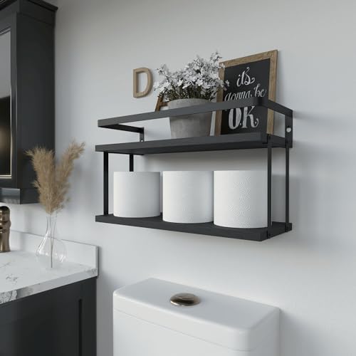 RICHER HOUSE Dual-Level Guardrail Floating Shelves, Rustic Wood Bathroom Shelf Wall Mounted, Over Toilet Paper Storage Shelves for Wall Decor, Bathroom Organizers - Black - color: Black, size: 2 in 1