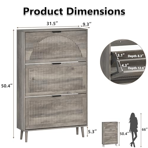 BORNOON Shoe Cabinet for Entryway with 3 Flip Drawers, Slim Wooden Shoe Storage Organizer with Modern Fluted Pannel，Freestanding Narrow Hidden Shoe Rack for Hallway, Foyer, Living Room - color: Grey, size: 3 Flip Drawers