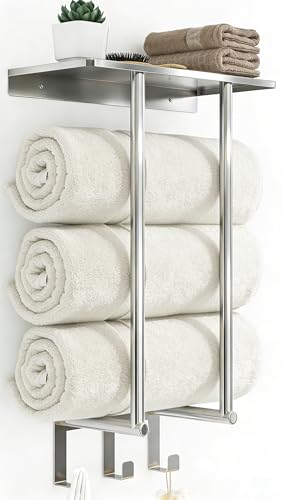 Towel Racks for Bathroom Wall Mounted, Bethom Towel Rack with Shelf and 3 Hooks, Brushed Nickel Towel Storage Holder Wall for Large Rolled Towels - color: Brushed Nickel, size: Round Tube