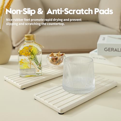 Razborci 2 Pack Greige Bathroom Sink Vanity Trays, Diatomite Stone Kitchen Counter Caddy Dish Soap Dispenser Sponge Holder, Water Absorbing Mat Organizer for Plant,Cosmetic Bottle, Beige, 8"x3.8" - color: 2pcs - 8"x 3.8" - Beige