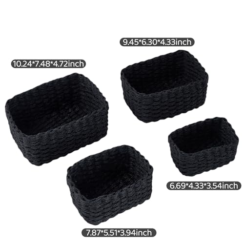 4PCS Woven Storage Baskets Set, Small Baskets for Organizing, Square Handwoven Paper Rope Organizer Bins for Shelves and Home Storage (Black) - color: Black