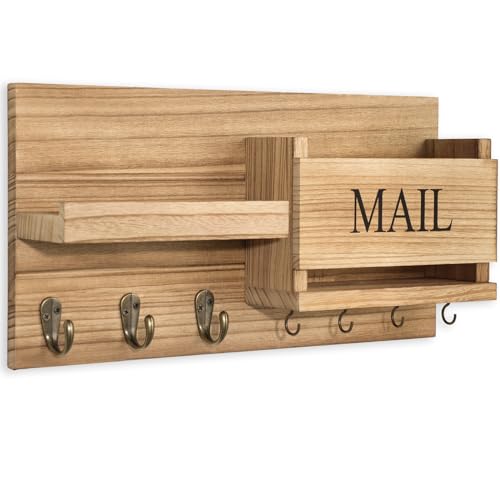 Lwenki Mail Organizer for Wall Mount – Key Holder with Shelf Includes Letter Holder and Hooks for Hallway Farmhouse Decor – Rustic Wood with Flush Mounting Hardware (16.5” x 9.1” x 3.4”) (Wood) - color: Wood