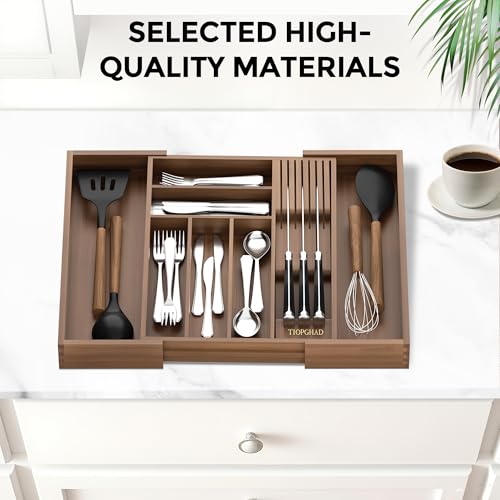 TIOPGHAD Bamboo-Silverware-Drawer-Organizer-Kitchen, Expandable Utensil Holder Cutlery Tray Flatware Organization Adjustable Wood Tableware Dividers Storage (with Removable Knife Block)(Brown) - color: Brown, size: Large