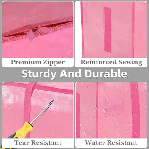 6 Pack-Extra Large Heavy Duty Moving Bags - Waterproof Storage Totes with Handles & Zippers, Foldable for College Dorm, Storage (Pink) - color: Pink, size: 6