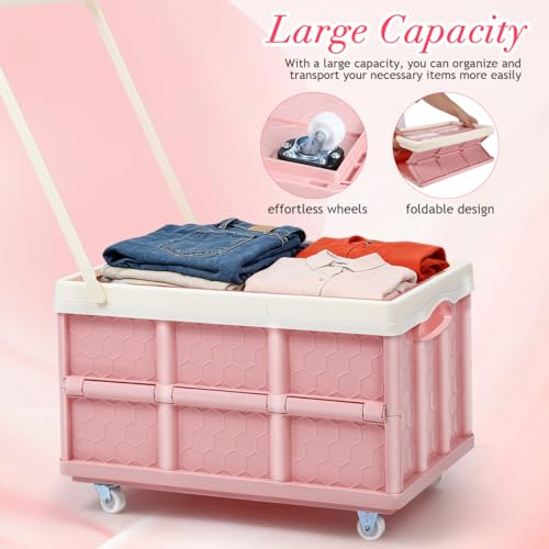 30L Collapsible Storage Bins with Lids: Storage Tote With Wheels Folding Plastic Stackable Utility Crates Plastic Tote Storage Box Container Stackable Folding Utility Crates for Clothes,Books - color: Pink