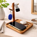 Acacia Wood Key Tray for Entryway Table, Wooden Catchall Organizer with Jewelry Storage Rack, Valet Tray for Keys Wallet Watches Sunglasses Rings(Square) - style: Square