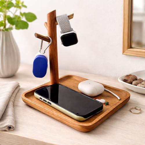 Acacia Wood Key Tray for Entryway Table, Wooden Catchall Organizer with Jewelry Storage Rack, Valet Tray for Keys Wallet Watches Sunglasses Rings(Square) - style: Square