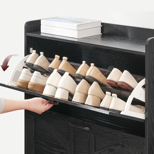 MAHANCRIS Shoe Storage Cabinet, Shoe Organizer with 2 Flip Drawers, Hidden Shoe Storage for Entryway, Freestanding Shoe Cabinet Organizer with Open Storages, Black SHHB9401 - color: Black