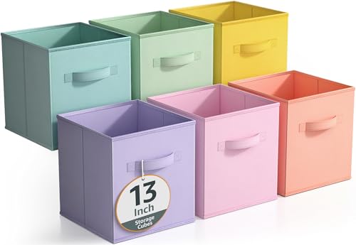 Sorbus Fabric Storage Cubes - 6 Foldable Storage Bins for Organizing Pantry, Cubbies, Toy Box - Clothes Storage & Closet Organizer - 13 Inch Collapsible Cube Baskets for Shelves with Handle - color: Pastel Multi-Color, size: 13 Inch