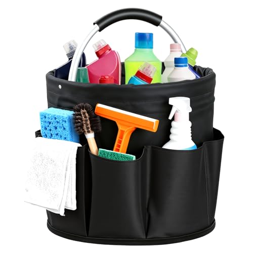 Cleaning Caddy with Handle, Cleaning Products Organiser, Foldable Storage Basket, Large Supply Organiser 17L with 6 Pockets, Portable Cleaning Caddy for Home & Garden (Black) - color: Black