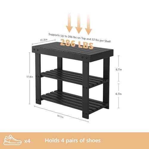 Sweetcrispy Shoe Rack Bench, 3-Tier Bamboo Entryway Storage Organizer, 286lb Capacity, Shoes Stand for FrontDoor Entrance, Bedroom, Living Room, Bathroom, Balcony, 19 Inches Length, Black - color: Black, size: 19 inches WIdth
