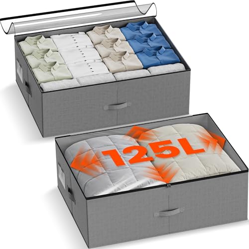 XXXXL 125L Under Bed Storage, Storage Containers with Support & Clear Lid, Support Frame, Underbed Storage Bins for Clothes, Shoes, Blankets, and Toys 2 pack (125L) - size: 125L