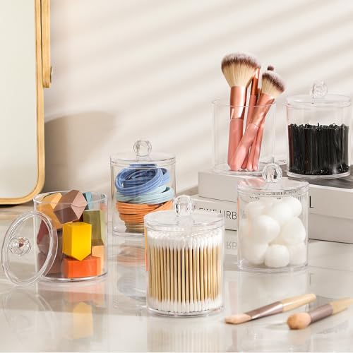 2 Pack Acrylic Qtip Holder Dispenser for Cotton Swabs, Balls, Pads, Floss Picks- Small Clear Plastic Canister Apothecary Jar Set, Bathroom Essentials Accessories Decor, Vanity Makeup Storage Organizer - color: Clear, size: 2 Pack