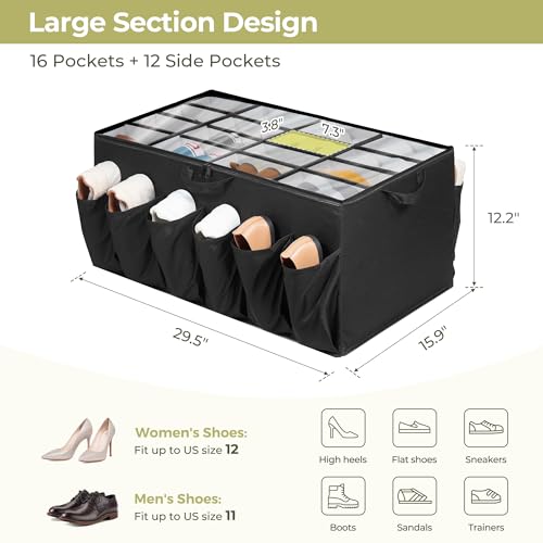 Shoe Organizer for Closet, Shoe Storage Solution with Clear Cover & Adjustable Dividers, Fabric Shoe Box Fits 16 +12 Pairs Shoes, Black, 1-Pack - color: Black, size: 1 Pack Large