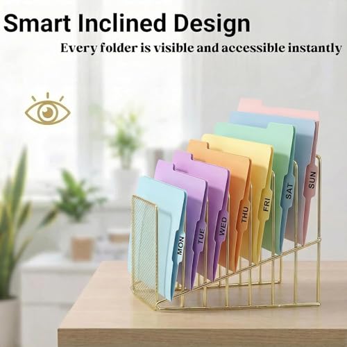 Simmer Stone Gold Desk Organizer 7 Slot Inclined Vertical File Folder Holder Sorter with Mesh Front Metal Wire Rack for Mail, Slim Binders, Books Office Organization Desktop Accessories - color: Gold