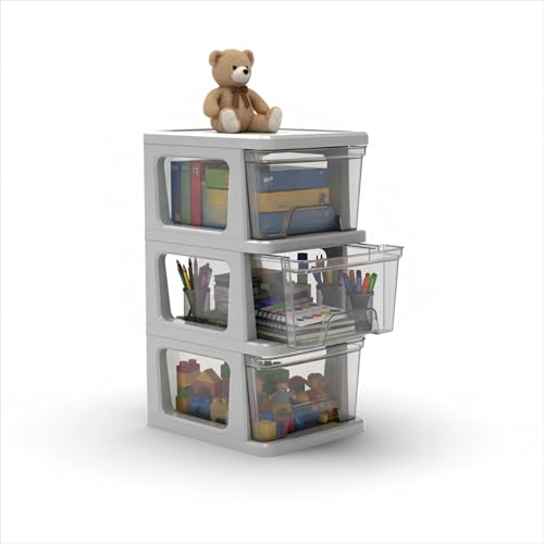 Plastic Drawer Wide Tower Plastic Storage Cart with Clear Pull Out Drawers, Silver (3 Drawer Wide Tower) - color: Grey and Clear