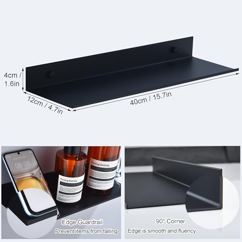 HNVNER Black Shower Shelves Rustproof & Waterproof, 40cm Adhesive Shower Caddy 2 Pack, Metal Bathroom Floating Shelves No Drilling Bathroom Wall Storage Organizer - color: Black, size: 40cm