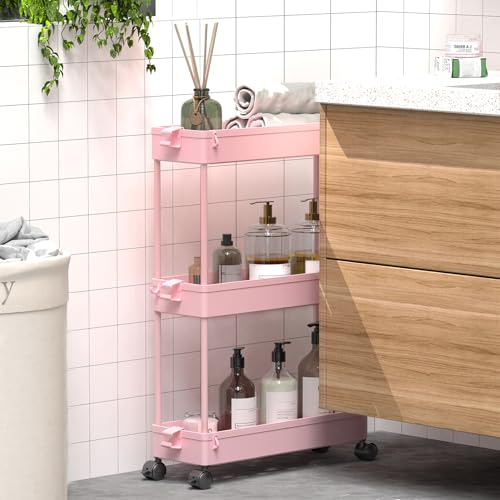SPACEKEEPER Slim Rolling Storage Cart, 3 Tier Bathroom Organizer Utility Cart Laundry Room Organization Mobile Shelving Unit for Kitchen, Bathroom, Office, Bedroom, Narrow Places, Pink - color: Pink