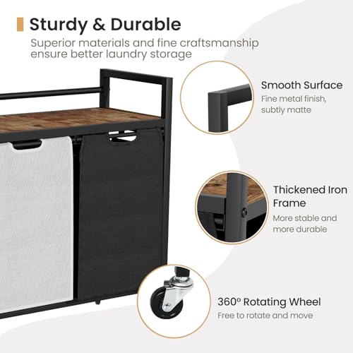 SwaaVee Laundry Hamper, Laundry Basket, Laundry Sorter with 2 Removable Bags, Clothes Basket with 2 Compartments, Wheels, Shelf for Laundry Room Bathroom Bedroom (2 Bags-Black Grey) - color: 2 Bags-Black Grey