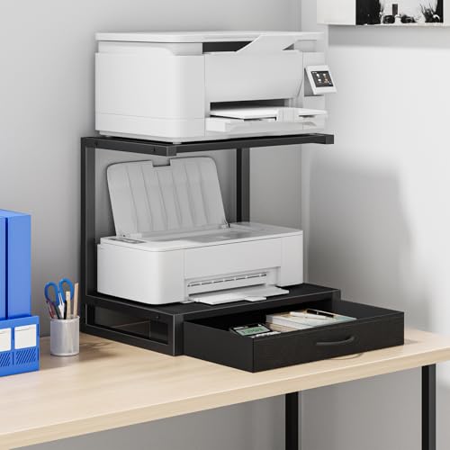 YAOHUOO 2-Tier Desktop Printer Stand with Fabric Drawer, Prtiner Table with Storage Shelf, Desk Organizer for Home Office,3D Printer,Fax Machine,Scanner, 17.3"x11.8" Black - color: Black, size: Middle