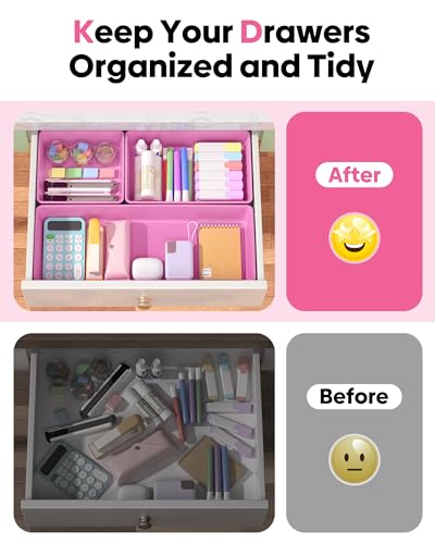 10 Pack Large Size Plastic Drawer Organizers Set, 3 Sizes Desk Drawer Organizer Trays, Storage Bins for Vanity, Makeup, Bathroom, Kitchen Utensils and Office (Pink) - color: Pink