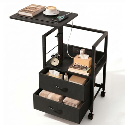 Faesun Swivel Lift Top Nightstand with Charging Station, Rolling Side Table for Recliner, Bedside Table with Wheels & 2 Fabric Drawers, for Small Spaces, for Bedroom, Living Room, Black - color: Black, size: 2 Drawers