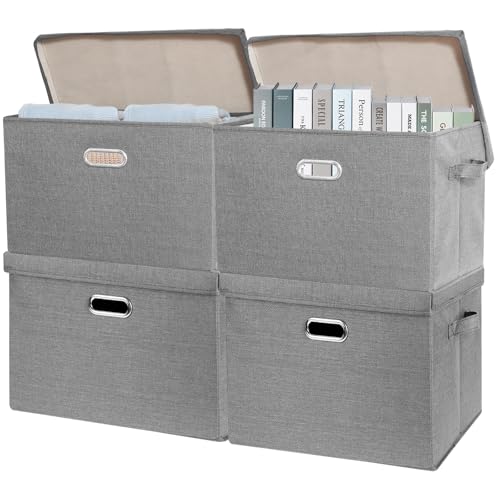 SNWDN 4 Pack Large collapsible Fabric Storage Bins with Lids Fabric storage box with lids for closet organizers and storage (grey 17.3x11.4x11.8 inches) - color: grey, size: Large（4-Pack 17.3*11.4*11.8 Inches）