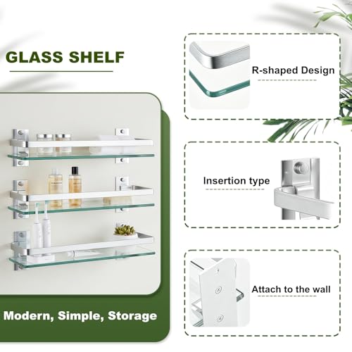AIJALY 2 Pack Bathroom Glass Shelf,15.7 Inches Silver Bathroom Shower Glass Shelf Wall-Mounted, Metal Storage Floating Kitchen Shelf - color: Silver 2 Pack