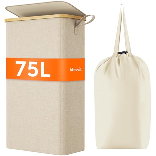 Lifewit 75L Slim Laundry Hamper with Lid, Narrow Laundry Basket with Removable Bag & Bamboo Handles, Fodable Thin Dirty Clothes Hamper for Laundry Collapsible Bin for Bathroom Bedroom Dorm, Beige - color: Beige, size: 75L