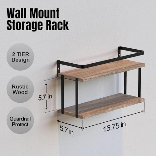 RICHER HOUSE Dual-Level Guardrail Floating Shelves, Rustic Wood Shelf Wall Mounted, Over Toilet Paper Storage Shelf for Bathroom Wall Decor, Bathroom Organizers and Kitchen Storage - Rustic Wood - color: Rustic Wood, size: 2 in 1